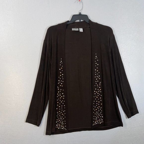 Chicos Cardigan Womens 2 Brown Rhinestones Long Sleeve Boat Neck Casual Sweater - Picture 1 of 13